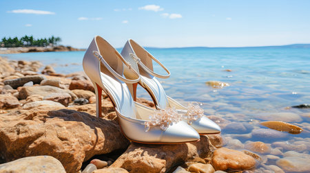 Wedding shoes on the beach near the sea. Wedding in Montenegroの素材