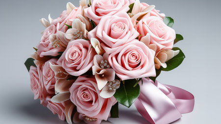 Bridal bouquet of pink roses on a white background.の素材
