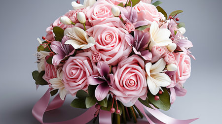 Bouquet of pink roses and lilies on a gray backgroundの素材