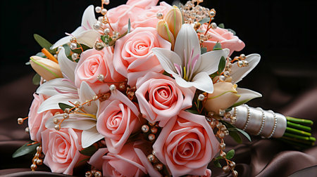 Wedding bouquet of pink roses and lilies on a dark backgroundの素材