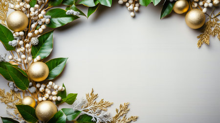 Christmas background with golden baubles and green leaves on white wooden tableの素材