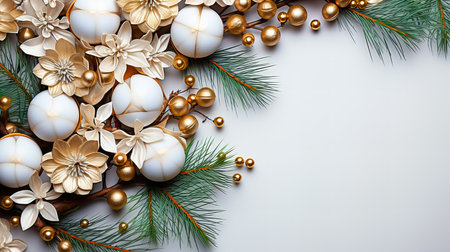 New Year's background with Christmas decorations and fir branches on a white background. View from above. Generative AI technology.の素材