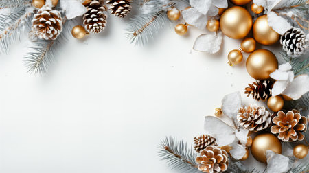 New Year's background with Christmas decorations and fir branches on a white background. View from above. Generative AI technology.の素材