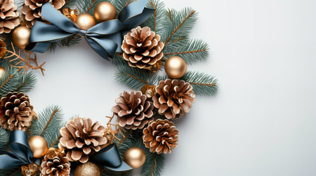 Christmas and New Year background with fir branches, golden balls and blue bow. Top view. Copy space.の素材