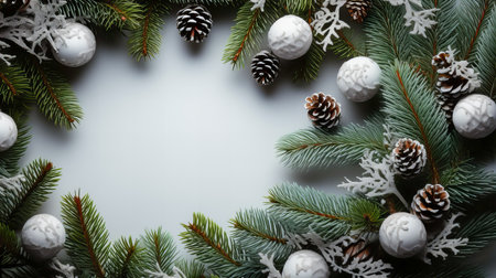 Christmas background with fir branches, cones and snowflakes on white backgroundの素材