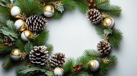 Christmas wreath with pine cones and baubles on white backgroundの素材