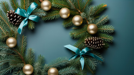 Christmas wreath with fir branches, golden balls and blue ribbon on green backgroundの素材