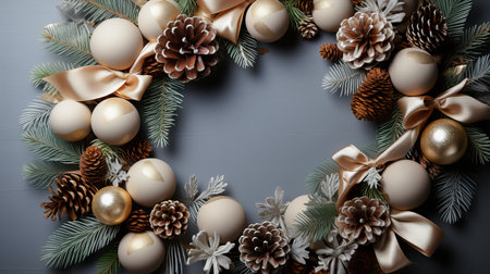 Christmas wreath with pine cones, golden balls and ribbons on dark backgroundの素材