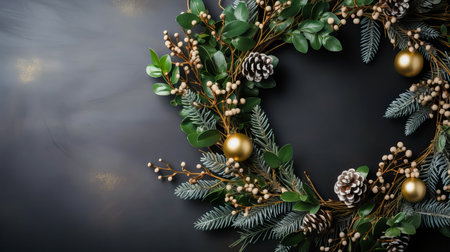 Christmas wreath on dark background. Top view, copy space.の素材