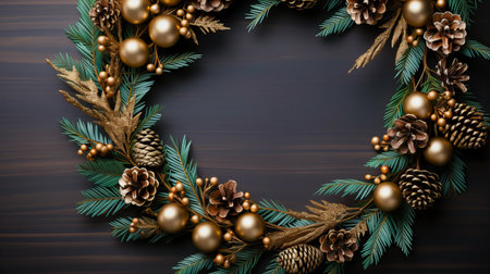 Christmas wreath with golden baubles and pine cones on dark wooden backgroundの素材