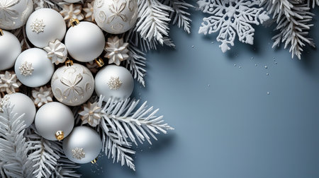 Christmas and New Year background with white christmas balls and snowflakes on blueの素材