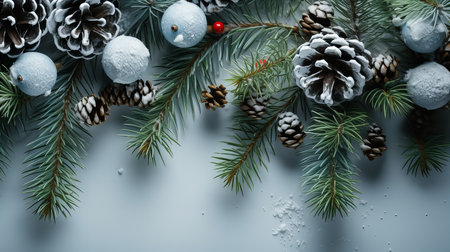 Christmas background with fir branches, cones and snowflakes on blue backgroundの素材