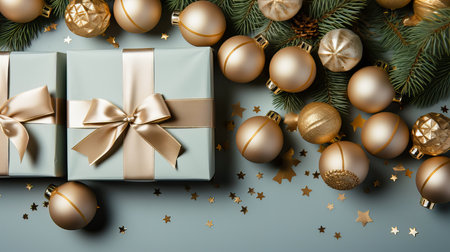 Christmas background with gift boxes and golden decorations. 3D rendering.の素材