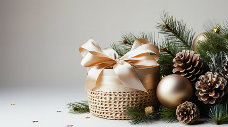 Christmas composition. Christmas decorations, fir branches, golden balls on a white background.の素材
