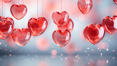 Red glass hearts hanging on strings. Valentines day concept. 3D Renderingの素材