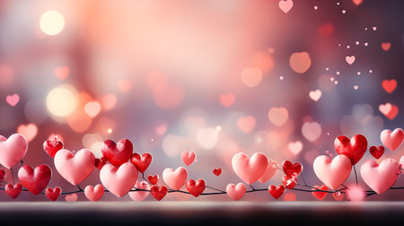 Valentine's day background with red hearts and bokeh lightsの素材