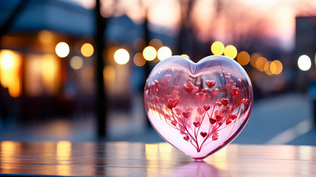 Valentine's day background with heart shaped glass vase on the tableの素材
