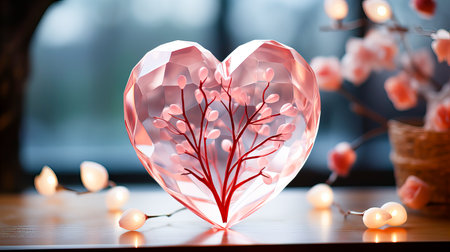 Valentine's day background with heart shaped glass vase on tableの素材