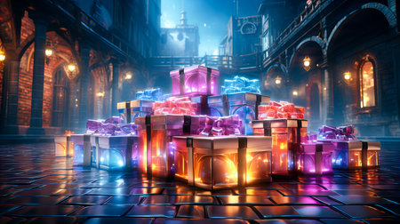 Gift boxes in the old city at night. 3D renderingの素材