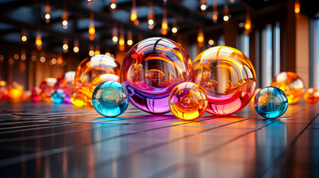 3d render of colorful christmas balls in a room with lightsの素材