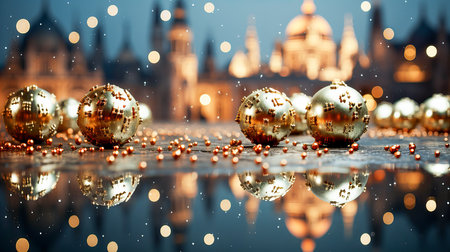 Christmas and New Year holidays background with Christmas balls and golden bokeh lightsの素材