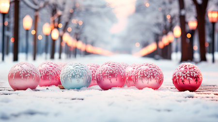 Beautiful Christmas balls in the snow. Winter background. Holiday concept.の素材