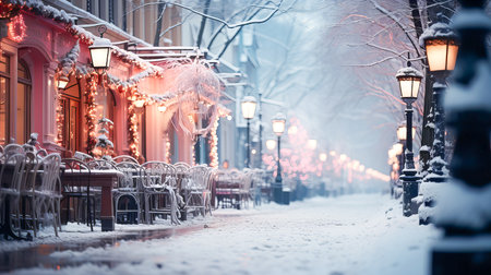 Winter city street with snow covered trees and lanterns at night.の素材