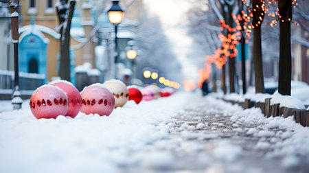 Snowy winter city street with Christmas tree decorations, garlands and lanterns in the evening. Generative AI technology.の素材