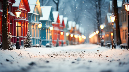 Winter street at night with colorful lanterns and falling snowflakesの素材