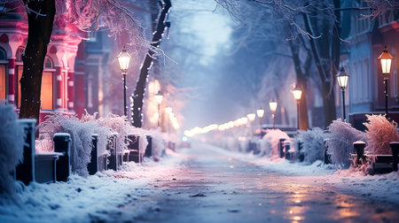 Snowy street at night with lanterns, lights and trees.の素材