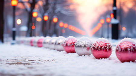 Red Christmas balls in the snow on the background of street lights.の素材