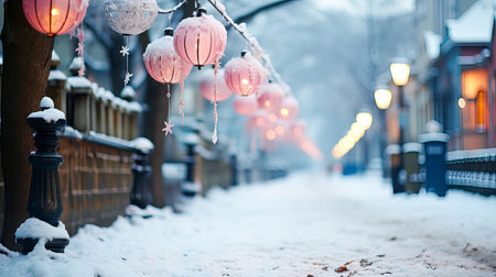 Winter city street with lanterns and snow. Beautiful winter background.の素材