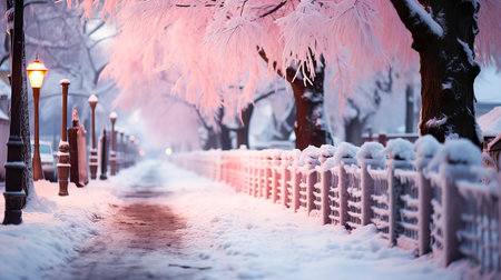 Beautiful winter landscape with snow covered trees and street lanterns.の素材