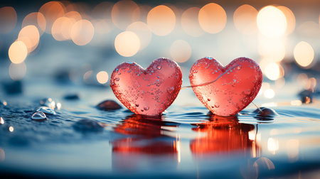 Two red hearts on water surface with bokeh lights background.の素材