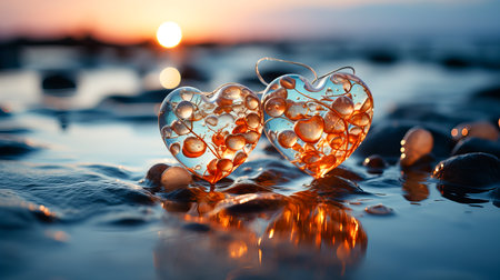 Two glass hearts on the background of the sea and sunset. Love conceptの素材