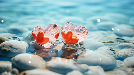 Two hearts in water on the pebble beach. Valentines day backgroundの素材