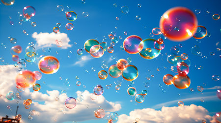 Soap bubbles fly in the blue sky. 3D illustration.の素材