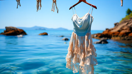 Womens summer dress hanging on a hanger in the seaの素材