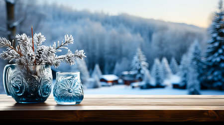 Glass vase on wooden table in front of snowy mountain landscape.の素材