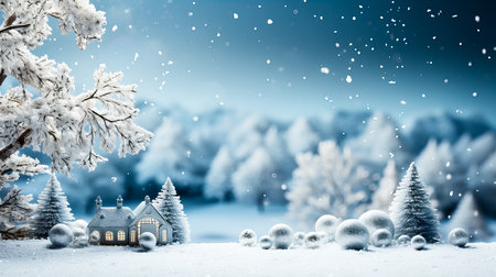 Winter landscape with small house and snowflakes. Christmas background.の素材