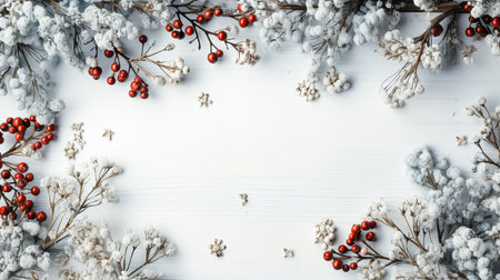 Christmas background with red berries and snowflakes on white wooden tableの素材