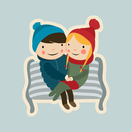 cute couple sitting on the benchのイラスト素材