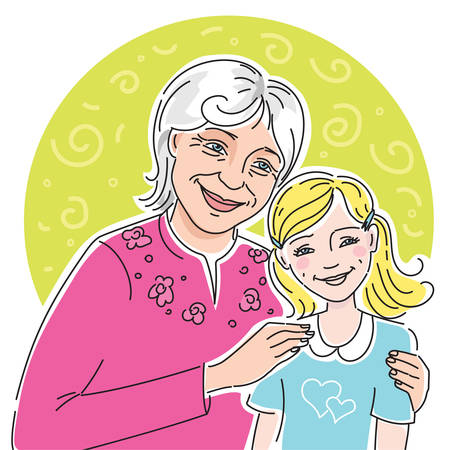 Portrait of a happy grandmother with her granddaughter. Vector illustration isolated on white.のイラスト素材