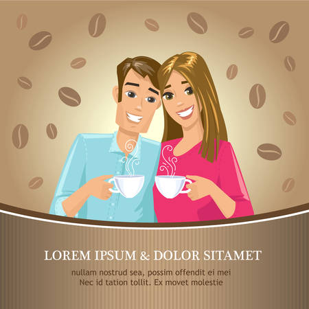 Couple in love drinking coffee. Young man and woman drinks coffee or tea. Vector romantic illustration.のイラスト素材