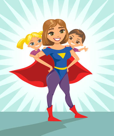 Super hero, super mom. Happy smiling super mother with her children. Vector illustration with isolated characters.のイラスト素材