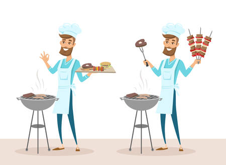 Set of happy man in chef hat grilling meat on barbecue grill and holding skewers. Vector  illustration isolated on white background.のイラスト素材