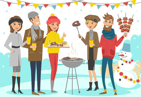 BBQ party with friends during winter holidays. Vector illustration. Characters are isolated.のイラスト素材