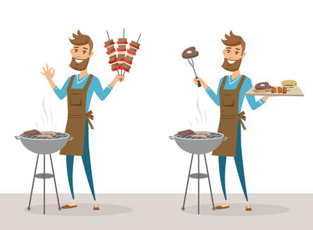 Set of happy man grilling meat on barbecue grill and holding skewers. Vector illustration isolated.のイラスト素材