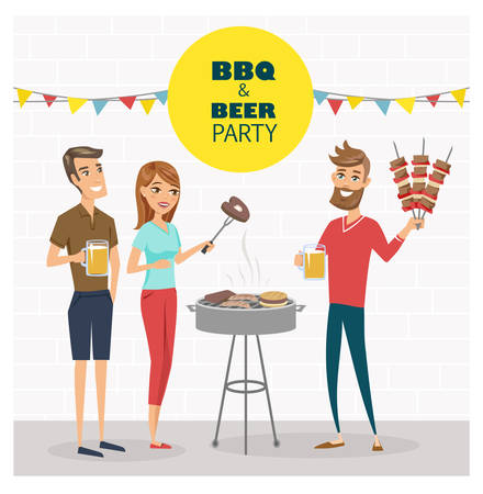 BBQ party with friends. Vector characters illustration isolated.のイラスト素材