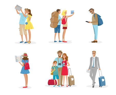Set of tourist people with luggage, camera, map and gadgets. Vector illustration of group of people vacation isolated on white.のイラスト素材